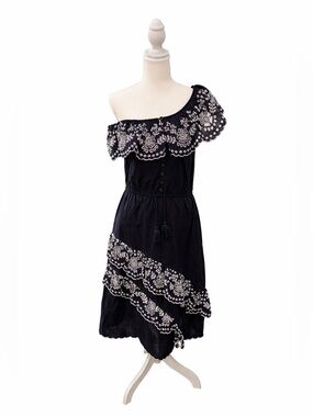 Sea New York Marguerite One Shoulder Embroidered Ruffle Midi Dress Navy Boho